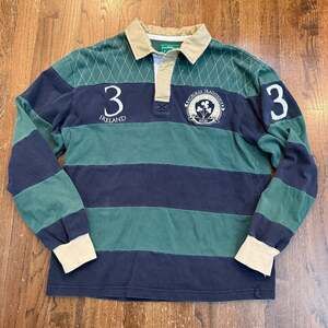Croker Traditional Green and Navy Striped Rugby Jersey, Small - Cotton Long S...